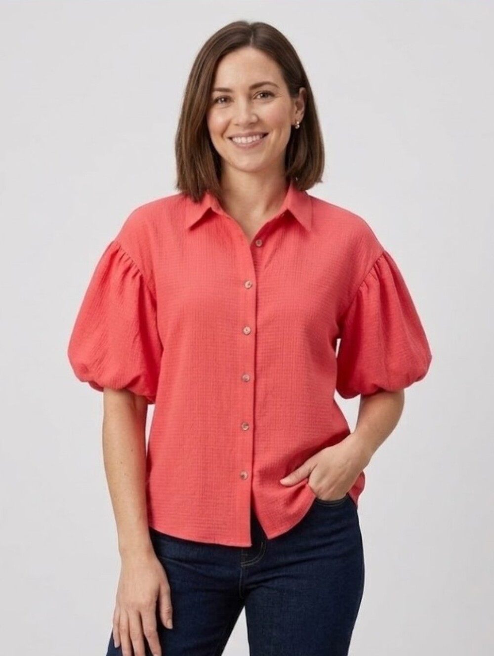 Puff Sleeve Button Up Waffle Top